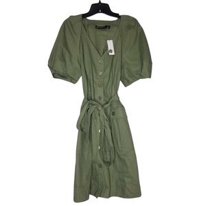 NY&C New York & Company Olive Green Puff Sleeve Cotton Button Front Dress Large